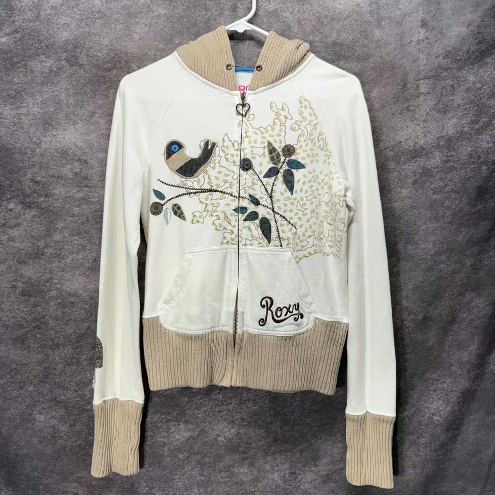 Y2K Roxy Bird Tree Applique Graphic Full Zip Hoodie Womens M Cream Skater